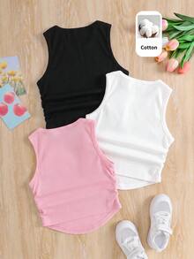 SHEIN Young Girl Knit Solid Color Round Neck Ruched Casual Tank Top 3pcs Set - Multicolor - View 2