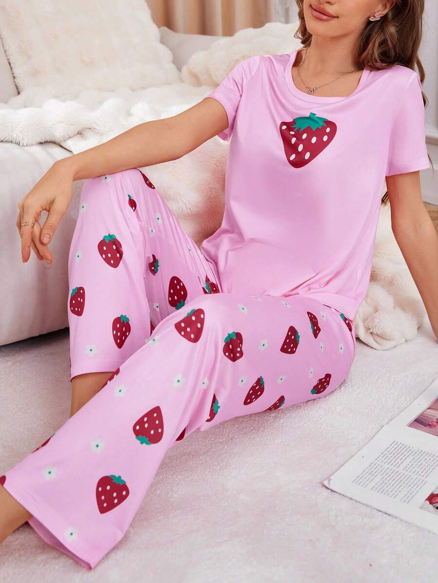 SHEIN Casual Underwear&Sleepwear 女款圓領草莓印花短袖上衣與長褲休閒日常睡衣套裝 - 彩色 - 查看 1