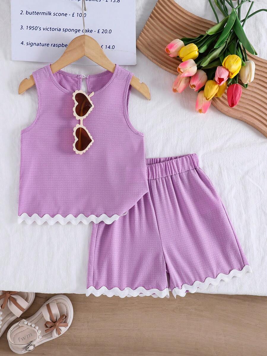 Elladie kids 女童紋理布料對比下擺無袖上衣與休閒短褲 T-shirt 套裝