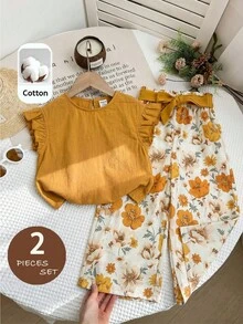 LMoss Kids 2件套女婴纯色圆领休闲背心和碎花裤套装 - 黃色 - 查看 1