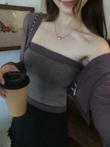 DAZY 修身版抹胸開襟外套休閒度假夏季女款兩件套 - 灰色 - 查看 5