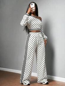 Slaydiva Conjunto casual de 2 piezas para mujer con top de manga larga y hombro asimétrico con estampado de lunares y pantalones - Multicolor - Ver 4