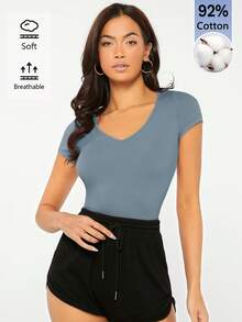 SHEIN BASICS Women's Solid Color V-Neck Casual Versatile Daily Outing Short Sleeve T-Shirt - Blue - View 7