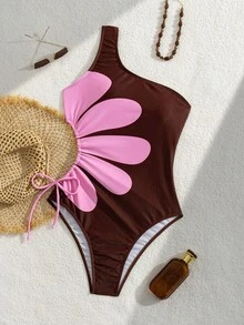 Swim Vcay Springbreak 女款海灘裝夏季套裝，新款單肩定位印花抽繩打結鏤空休閒度假連身泳衣，節慶波希米亞風 - 彩色 - 查看 3