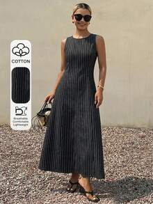 Livesso Women's Vintage Washed Dark Grey Striped Waist Splice Casual Vacation Minimalist Beach City Break Elegant Commute Loose Straight Midi Denim Dress, - Grey - View 1