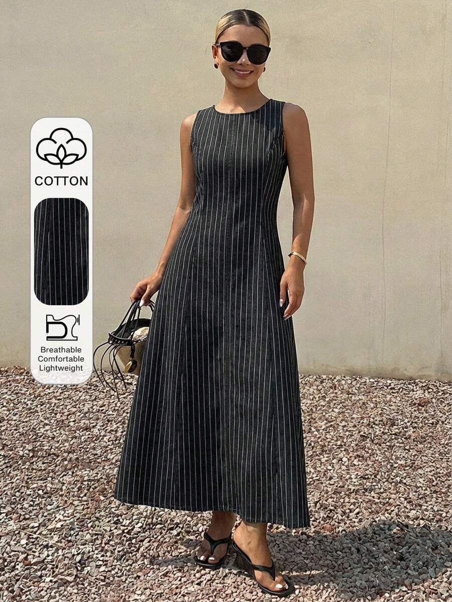 Livesso Women's Vintage Washed Dark Grey Striped Waist Splice Casual Vacation Minimalist Beach City Break Elegant Commute Loose Straight Midi Denim Dress, - Grey - View 1