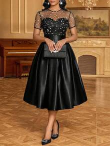 SHEIN Lady Women's Slim Fit Tulle Patchwork Polka Dot Pattern High Waist Midi Dress Suitable For Parties - Black - View 3