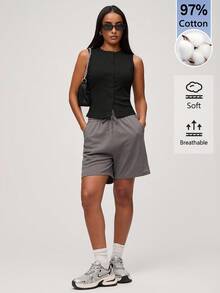 SHEIN BASICS 女款素色修身百搭日常休閒上衣 - 黑色 - 查看 4