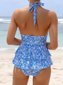 Swim Lushoire 女款夏季海灘花卉印花掛脖綁帶性感比基尼三角泳褲兩件式泳衣套裝 - 藍色 - 查看 2