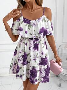 SHEIN Clasi Gaun Cami Wanita Motif Bunga dengan Hem Berkerut untuk Kencan dan Liburan - Purple - View 3