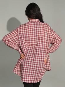 DAZY Contrast Color Plaid Loose Long Sleeve Lapel Casual Street Style Blouse For Women, Summer Graphic Tee - Red - View 2