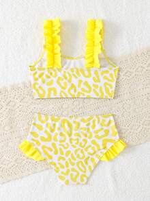 SHEIN Conjunto de traje de baño de dos piezas con estampado de leopardo para niña joven en vacaciones - Amarillo - Ver 2