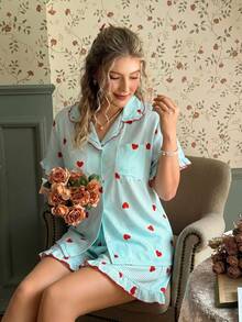 CottageSlumber Pink Heart Print Ruffle Collar Button-Down Short Sleeve Shorts Pajama Set Plus Size - Green - View 5