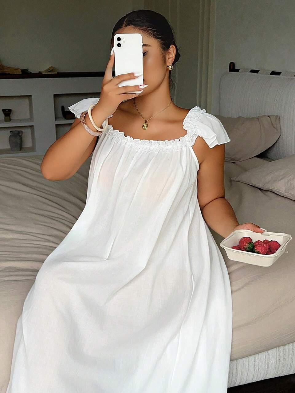 Dazy Plus Plus Size Women's Elegant Sexy Sleeveless Nightgown With Frill Trim, Loose Fit Long Nightdress For Spring And Summer, White Pajamas
