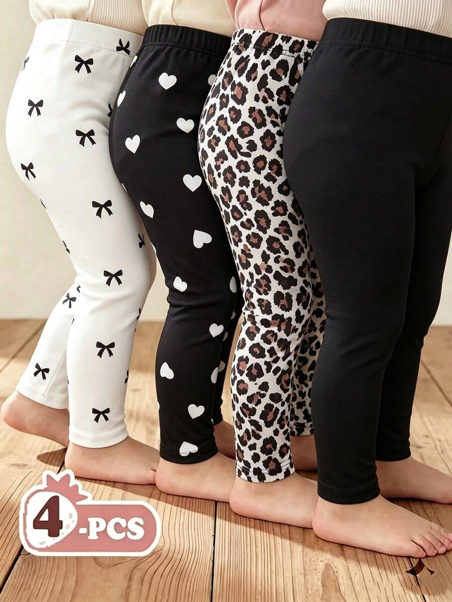 SHEIN Set Legging Anak Perempuan 4 Potong, Model Termasuk Warna Polos Minimalis, Motif Manis, Beragam Gaya, Gaya Keseluruhan Segar dan Serbaguna, Kain Lembut dan Ramah Kulit, Elastisitas Sedang, Pas di Badan Tanpa Ketat, Kain Rajut (4 Potong Dijual Sebagai Satu Set) - MultiWarna - View 1