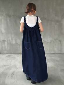 FRIFUL 女款百褶休閒百搭日常度假牛仔吊帶裙 海軍藍 秋季 - 藍色 - 查看 5