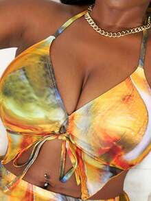 Zolique 2026 New Plus Size Women's Beach Vacation Multicolor Random Print Triangle Halter Neck Tie Bikini Top - Multicolor - View 4