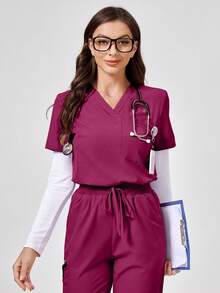TaskEZ Short Sleeve Top And Long Pants Scrub Uniform Set - Red Violet - View 4