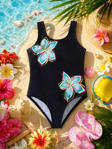 SHEIN Kids Young Girl Baby Yellow Floral Print One-Piece Swimsuit,Vintage Luxury Y2K Aesthetic  Beachwear For Summer,Beach,Family Vacation,Holiday,Pool - Black - View 4