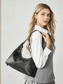 MOTF LADIES SHOULDER BAG, EXQUISITE RETRO WOVEN EMBOSSED PU SHOULDER BAG. - Black - View 7