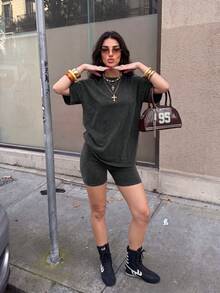 SHEIN EZwear Summer 2pcs Women Vintage Distressed Look T-Shirt & Shorts Set - Black - View 7