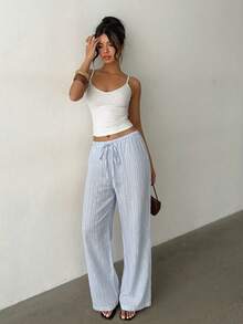 Aloruh Women's Casual Elastic Waist Tie Striped Linen Texture Loose Straight Wide Leg Pants - Baby Blue - View 3