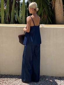Livesso Summer Fashion Design Drawstring Navy Blue Top Straight Leg Casual Pants Set, Loose Business Business Vacation Commute Women's 2-Piece Set - Dark Wash - View 5