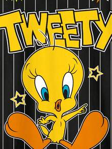 LOONEY TUNES X SHEIN 大码女式休闲圆领条纹字母卡通印花夏季连衣裙 - 白色 - 查看 3