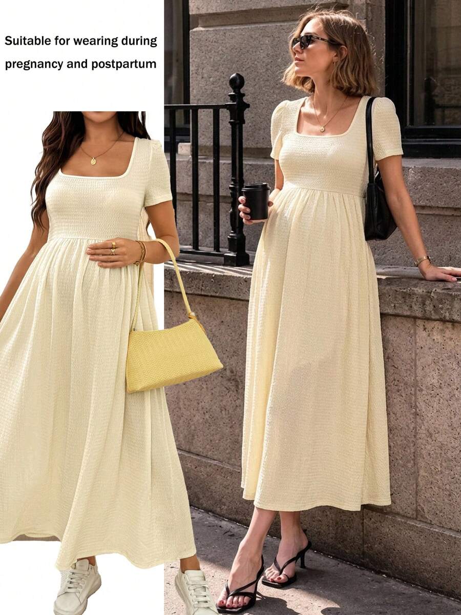 SHEIN 孕婦夏季休閒度假純色方領腰部綁帶洋裝 - 杏色 - 查看 1