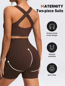 SHEIN Maternity Solid Color Top And Adjustable Shorts Casual Daily Sports Set - Coffee Brown - View 2