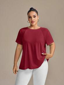 SHEIN Rhythm Era Plus Size Women's Round Neck Short Sleeve Casual Versatile Sports T-Shirt - Burgundy - View 5