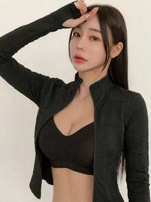 DAZY 女款純色彈性小立領修身長袖夾克，運動休閒，春秋校園風 - 黑色 - 查看 4