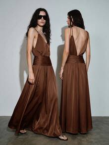 MOTF PREMIUM URBAN METALLIC RING DECOR CHAIN RUCHED LONG MAXI SLIP DRESS SPRING/SUMMER - Coffee Brown - View 7