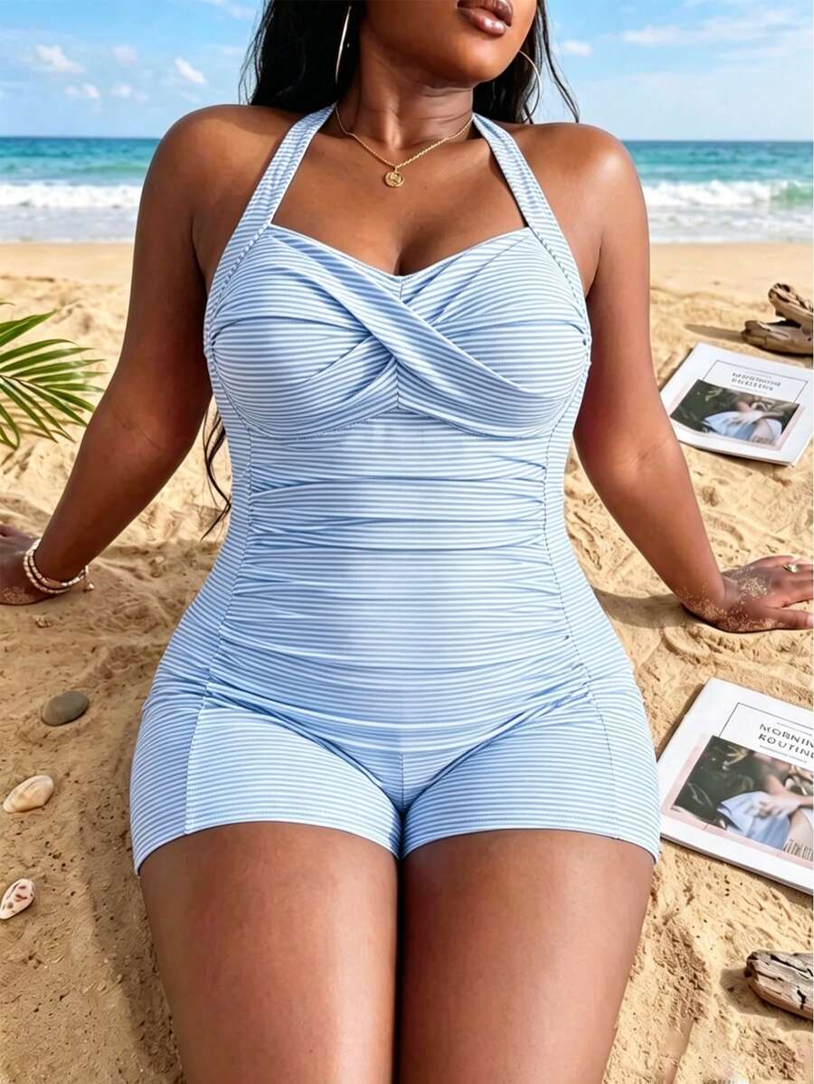 Swim Oasis 大尺碼一件式泳衣 藍白條紋 特殊面料 歐美甜美風泳裝 - 藍白色 - 查看 1
