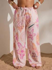 SHEIN PETITE CURVE 大码休闲假日海星贝壳印花裤 - 淺粉色 - 查看 7