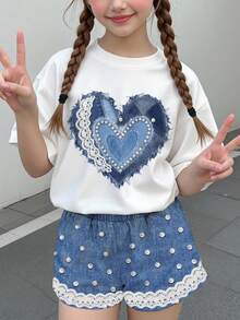 青少年女孩休閒可愛甜美紋理珍珠心形印花拼接短袖短褲兩件套，適合夏季圖案舒適女童套裝，Y2k復古度假返校風 - 彩色 - 查看 2