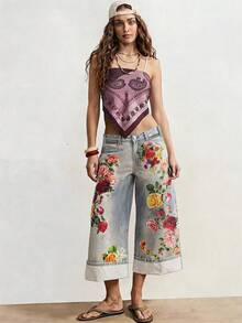 Bohemela Quần jeans ống rộng lửng cạp thấp dệt kiểu BOHO dành cho nữ, thích hợp cho mùa hè. - Nhiều màu - Xem 6