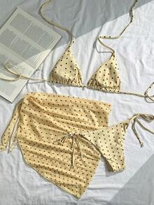 Swim Mod 女款夏季海灘穿搭3件套，黑白隨機波點印花細肩帶珍珠裝飾裙性感比基尼套裝 - 彩色 - 查看 2