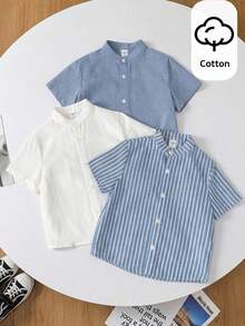3pcs Kids Tween Boy Casual Vacation Solid Color Patchwork Contrast Color Stand Collar Striped Pattern Button-Up Short Sleeve Loose Shirt Multi-Pack 3 Styles 1 Each 3-Piece Set Suitable For Commuting School Daily Casual Vacation Travel Sports Spring Summer Autumn Winter - Multicolor - View 4