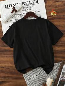 Spring Summer Autumn Tween Girls Fashion Creative Pink Ribbon Bow Design Five-Pointed Star Pattern Print Casual Style Basic Black Short T-Shirt Comfortable Daily Wear - Black - View 2
