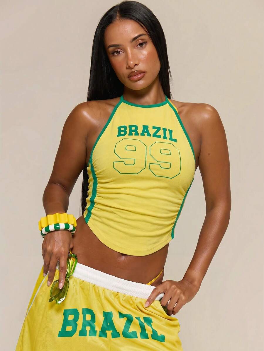 MUSERA 巴西風對比色側邊抓皺掛脖貼身上衣 - 黃色 - 查看 1