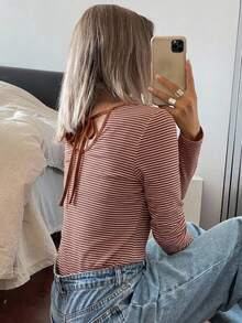DAZY Women's Round Neck Striped Casual Long Sleeve T-Shirt With Drawstring Back - Coffee Brown - View 7