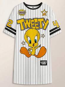 LOONEY TUNES X SHEIN 大码夏季休闲条纹字母和崔弟印花圆领短袖T恤连衣裙 - 白色 - 查看 1
