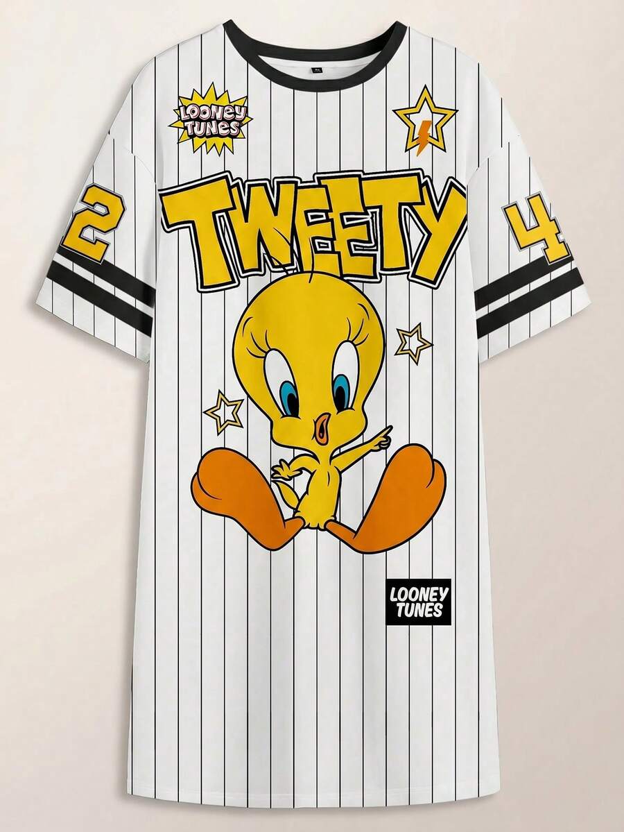 LOONEY TUNES X SHEIN 大码夏季休闲条纹字母和崔弟印花圆领短袖T恤连衣裙 - 白色 - 查看 1