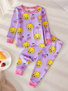 LOONEY TUNES X SHEIN Conjunto de Pijama Ajustado de Camiseta de Manga Longa e Calça com Estampa Fofa de Piu-Piu e Cereja para Menina Bebê - Roxo - Visão 2