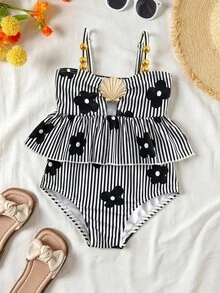 SHEIN Baby Girl Metal Shell Decor Floral Print Striped Color Block Cami One-Piece Swimsuit - Multicolor - View 3