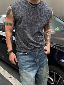 DAZY Camiseta gris de manga corta holgada con diseño de strass para hombres verano - Gris Oscuro - Ver 7