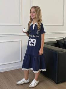 DAZY Tween Girl Letter & Number Print Pleated Casual Vacation Travel Dress - Navy Blue - View 5