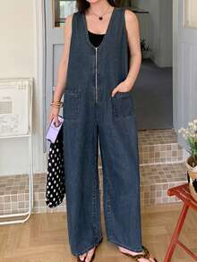 Dazy Plus Plus Size Women's Washed Dark Blue Zip Front Loose Casual Long Denim Jumpsuit, Spring/Summer - Dark Wash - View 4