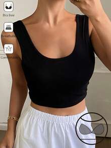 Livesso Wide Strap Backless Padded Short Solid Color Women's Sports Bra - Black - View 5